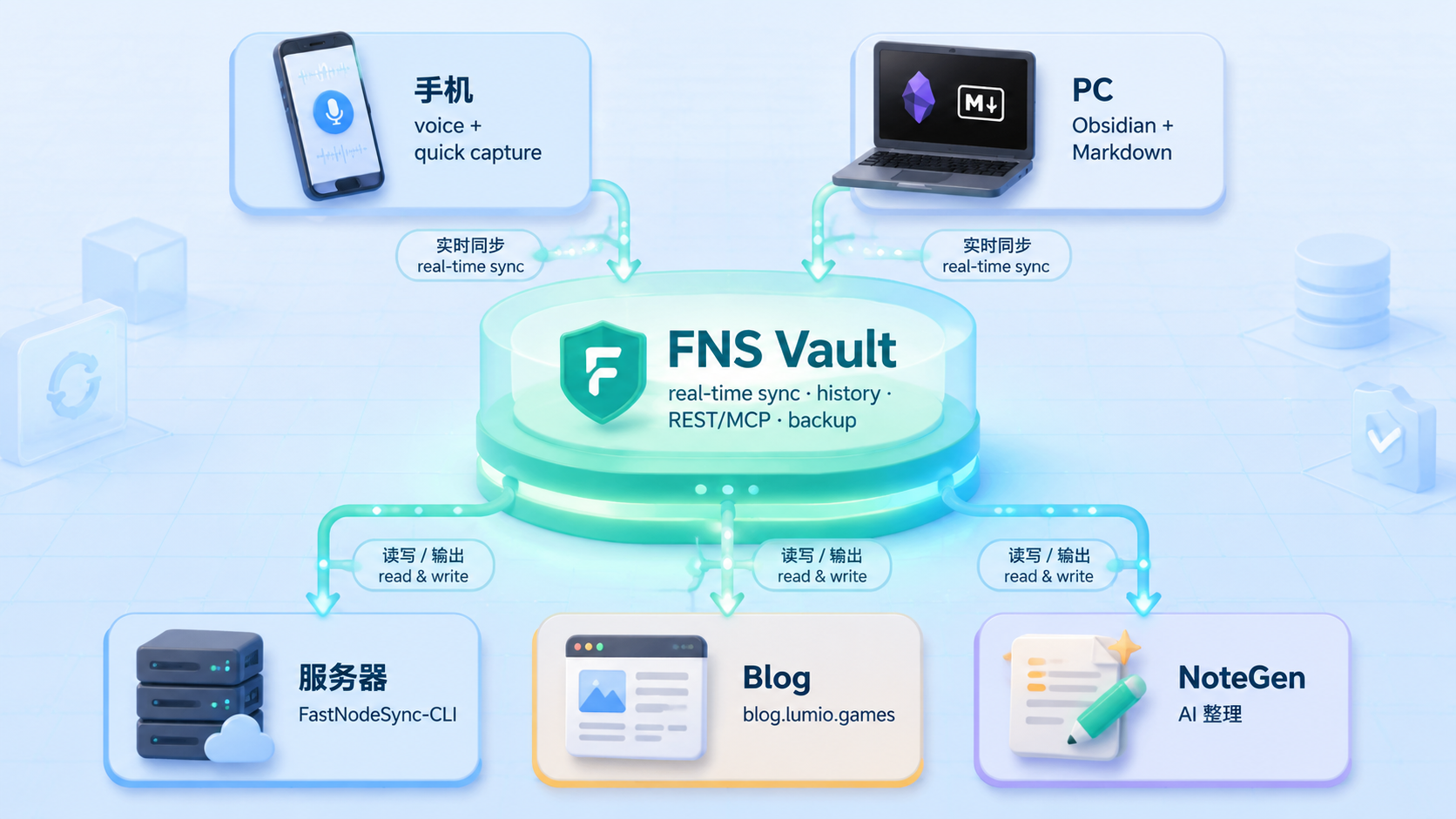 工作流总览：手机和 PC 在上方向下实时同步进 FNS Vault 中枢，服务器、Blog、NoteGen 在下方从 Vault 读写输出